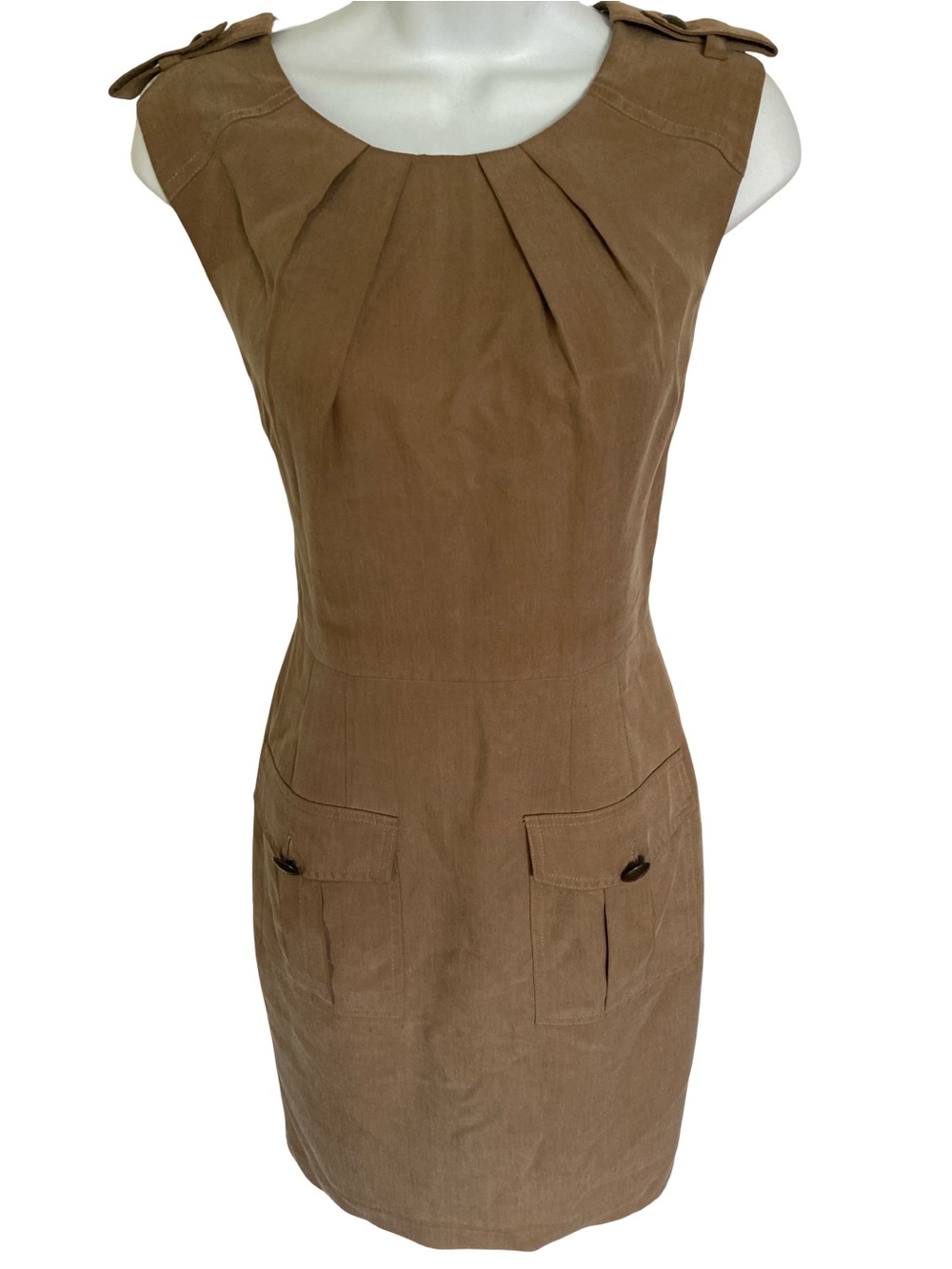 Trina Turk Sleeveless Brown Pleated Utility Front Shift Dress- 4